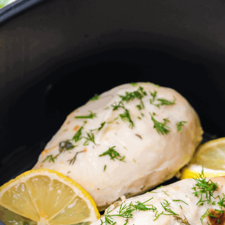 Close up of Bob Evan’s Lemon Garlic Chicken Recipe in the air fryer basket.