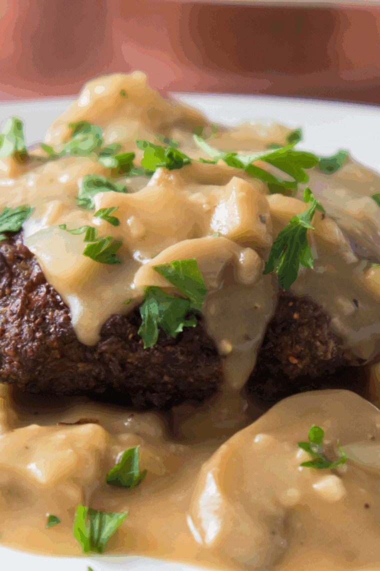 Close up of plate of Bob Evan's Mushroom and Onion Chopped Steak Recipe.