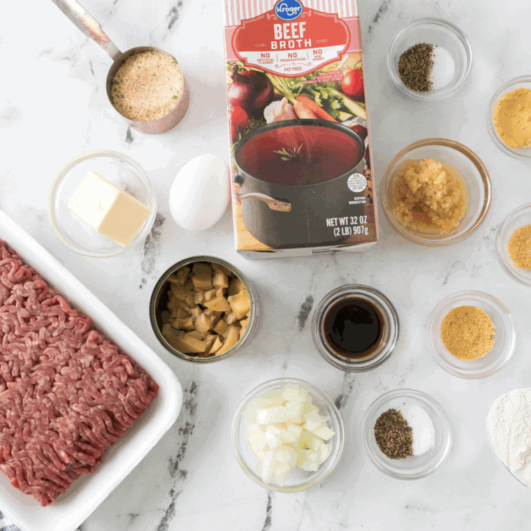 Ingredients needed for Bob Evan's Mushroom and Onion Chopped Steak Recipe on kitchen table.