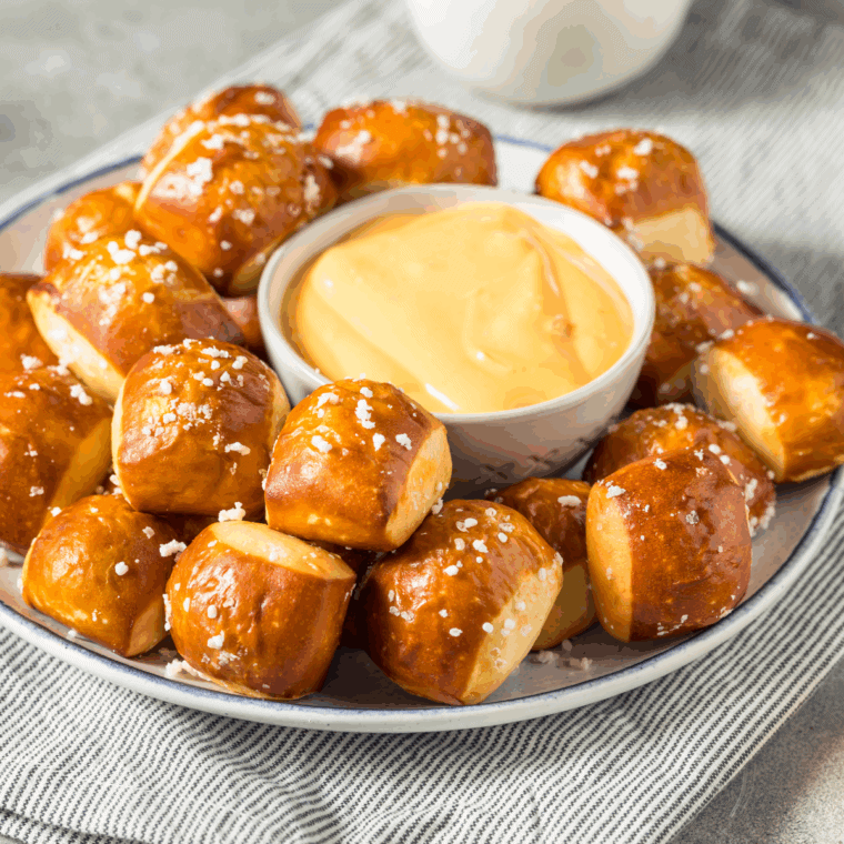 Golden pretzel nuggets, a bowl of creamy homemade dumb aunt Anne’s cheese dip.