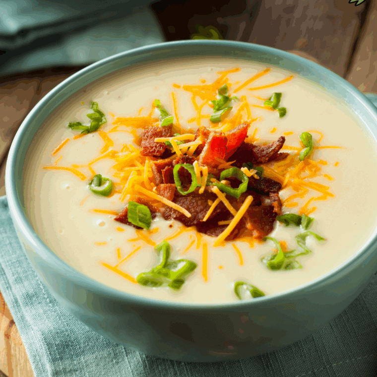 Bowl of creamy Copycat Jason’s Deli Irish Potato Soup garnished with herbs.