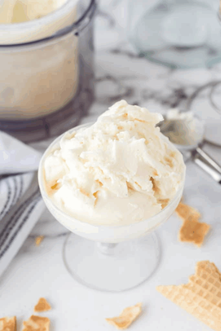 Homemade Ninja Creami Blue Bell-style vanilla ice cream in a bowl