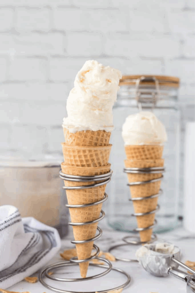 Bowl of Copycat Ninja Creami Blue Bell Vanilla Ice Cream Recipe on kitchen table.