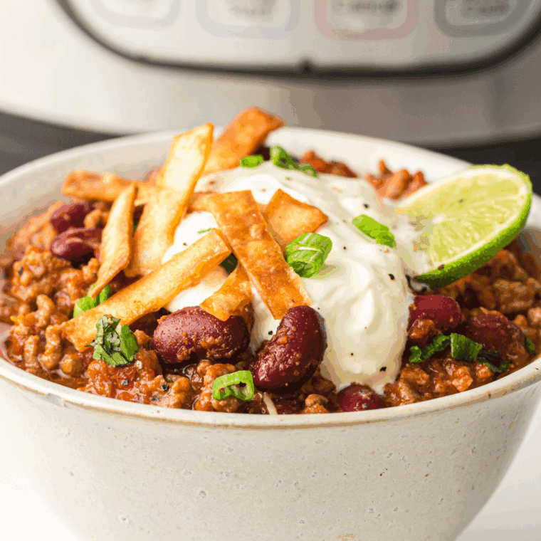 Close-up of hearty copycat Tim Hortons chili in a bowl