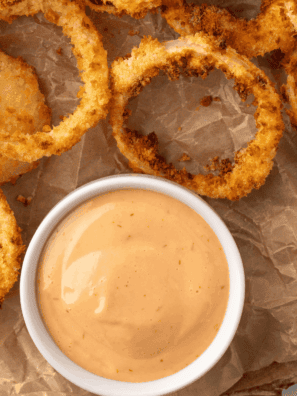 "Homemade Dairy Queen Brazier Burger Sauce copycat served in a small bowl with a spoon, ready for spreading on burgers."