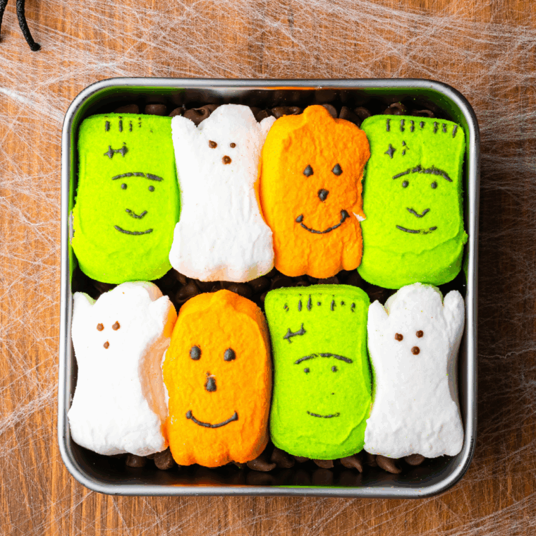 Place Peeps on top of the chocolate chips.