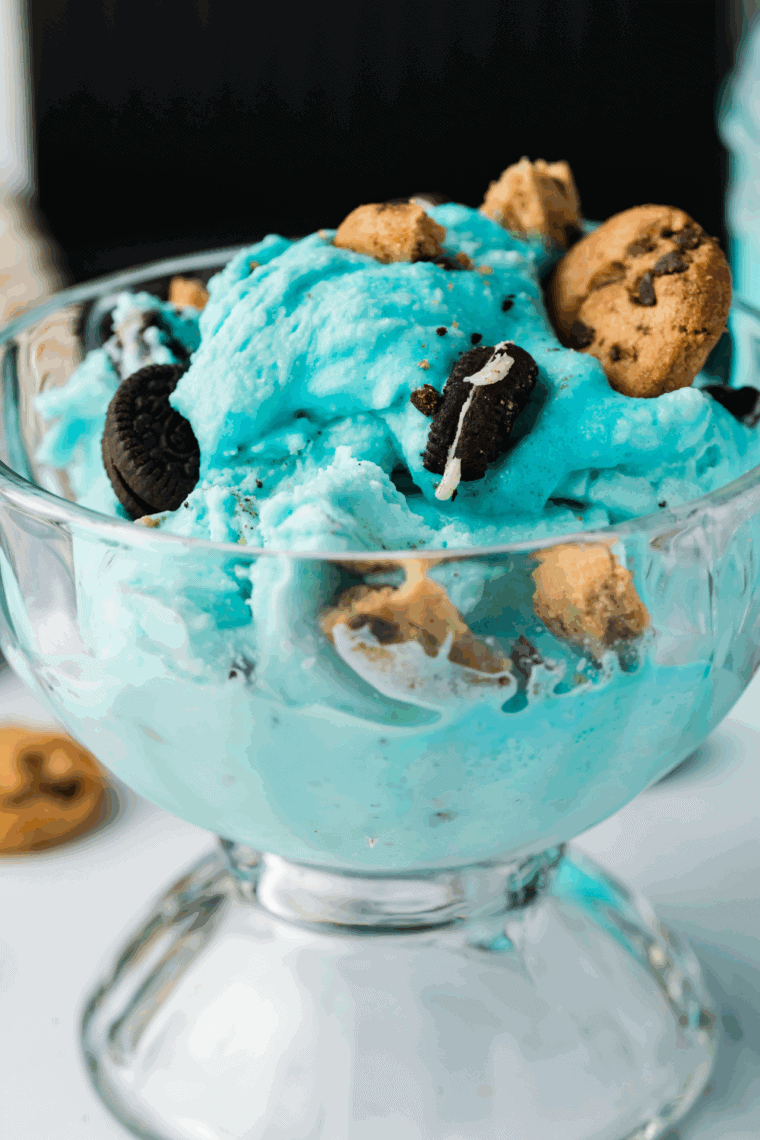 Bowl of Easy Ninja Creami Cookie Monster Ice Cream with cookie chunks