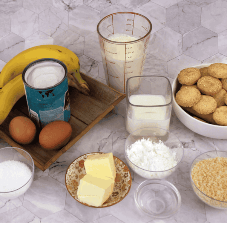 Ingredients needed for Golden Corral Banana Pudding Recipe on kitchen table.