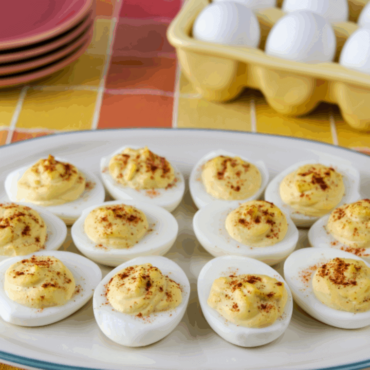 Ina Garten deviled eggs with creamy yolk filling, topped with paprika and fresh herbs on a white serving tray.