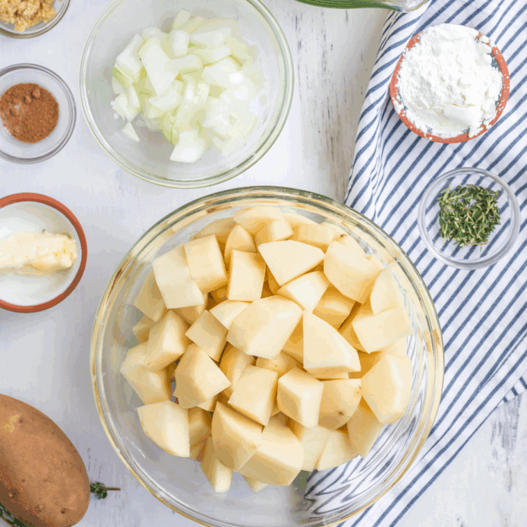 Ingredients needed for Instant Pot Diced Potatoes on kitchen table.