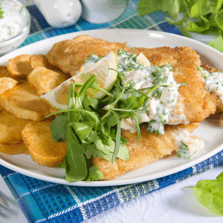 Golden, crispy Long John Silver’s copycat fish served with lemon wedges.