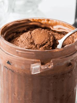 “Bowl of Ninja Creami Blue Bell Dutch Chocolate ice cream with chocolate chunks.”