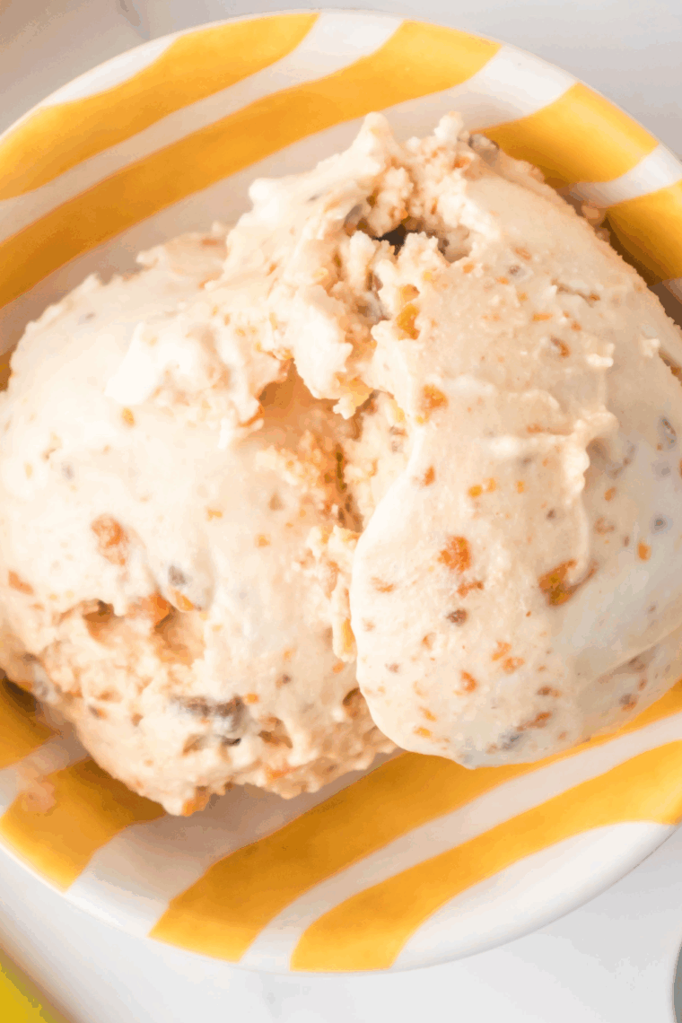 Homemade Ninja Creami Caramel Toffee Cookie Blizzard in a bowl with caramel drizzle and cookie pieces