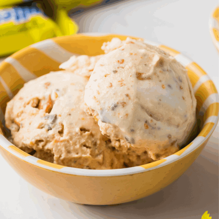 Copycat Ninja Creami Blizzard with toffee cookie pieces and caramel sauce