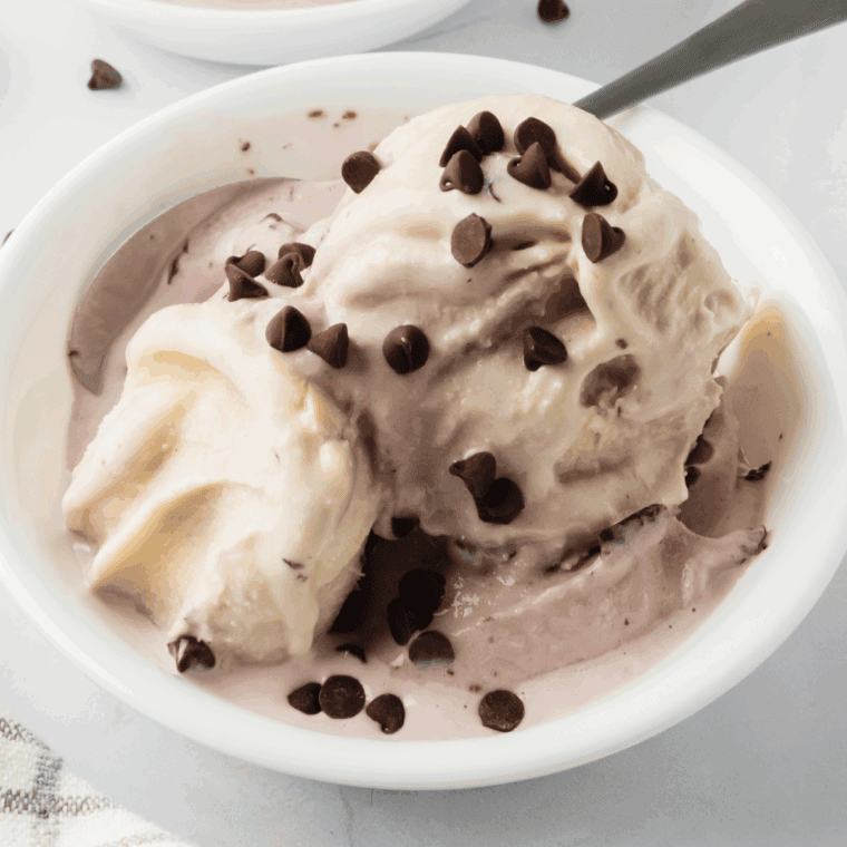 Bowl of Ninja Creami Cherry Garcia ice cream with cherries and chocolate chunks.