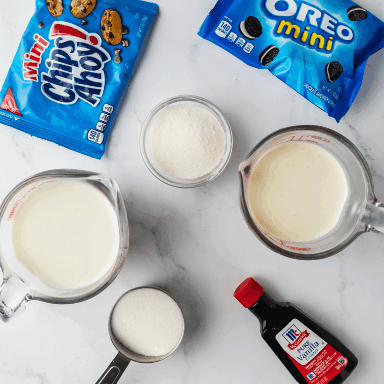 Ingredients needed for Easy Ninja Creami Cookie Monster Ice Cream on  kitchen table.
