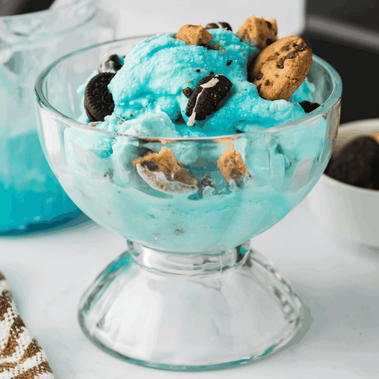 Bowl of Ninja Creami Cookie Monster Ice Cream with cookie chunks