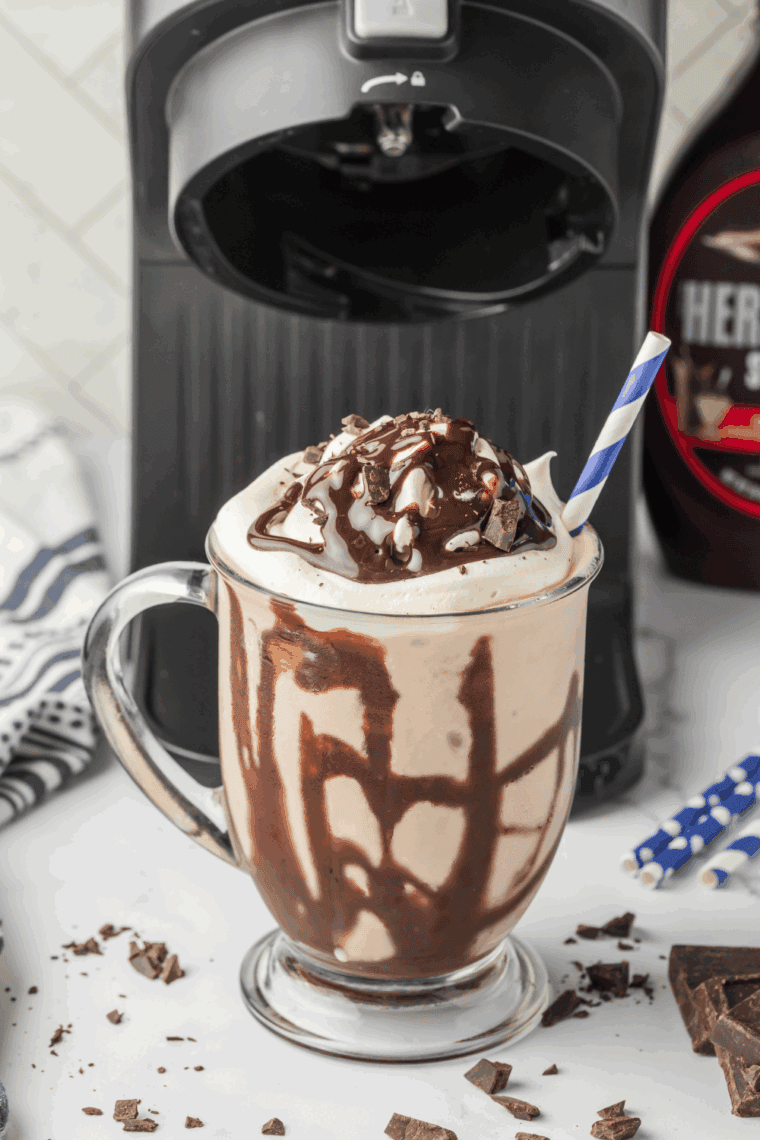 Homemade Ninja Creami Dairy Queen Mocha MooLatte topped with whipped cream and chocolate drizzle in a tall glass