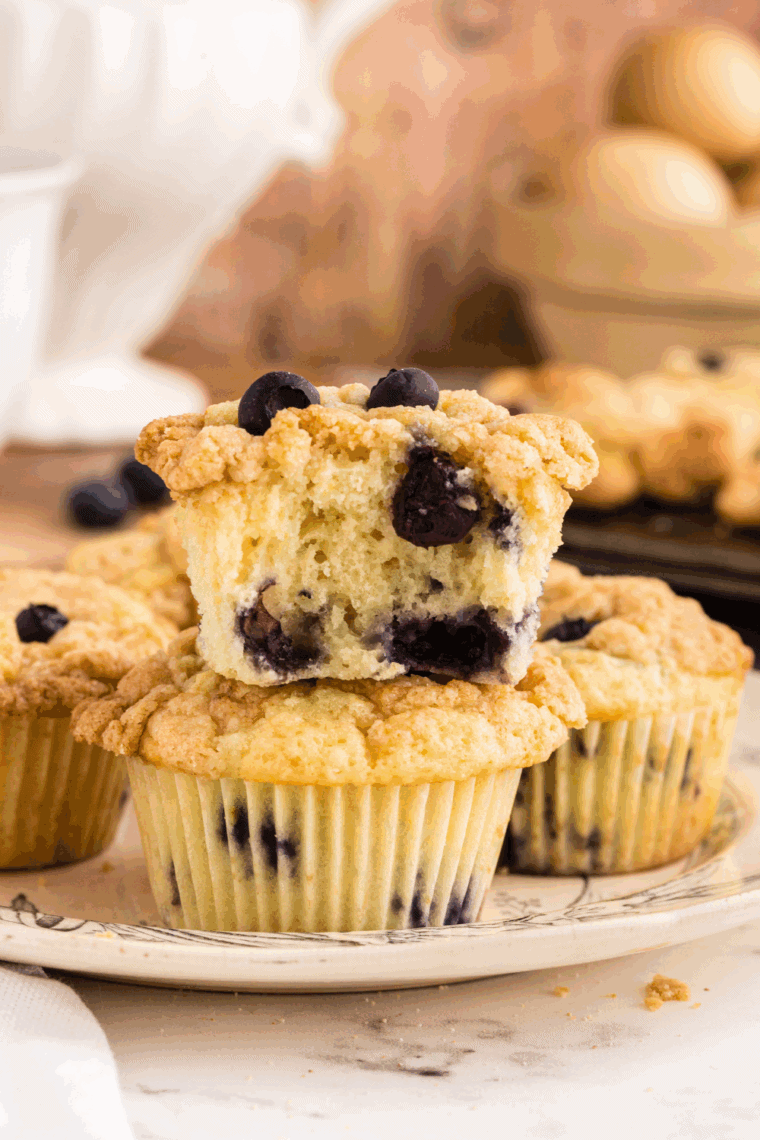 Close-up of homemade blueberry muffins with juicy blueberries inside
