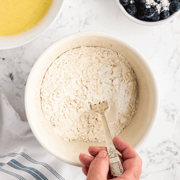 Large bowl with flour, sugar, baking powder, and salt mixed together.