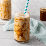 Glass of homemade Tim Hortons-style Iced Capp with frothy top.