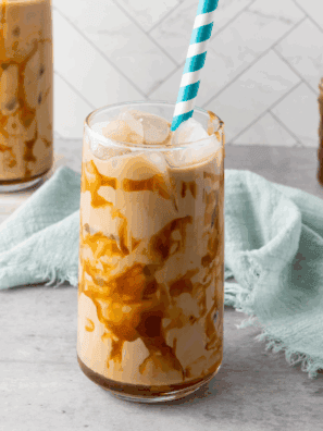 Glass of homemade Tim Hortons-style Iced Capp with frothy top.