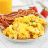Platter of light golden fluffy waffle House scrambled eggs ready for the plate