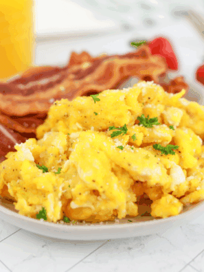 Platter of light golden fluffy waffle House scrambled eggs ready for the plate