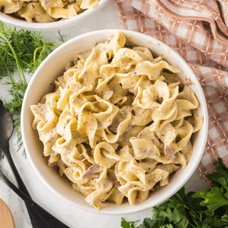 Baked Barefoot Contessa Tuna Casserole with creamy sauce and golden topping