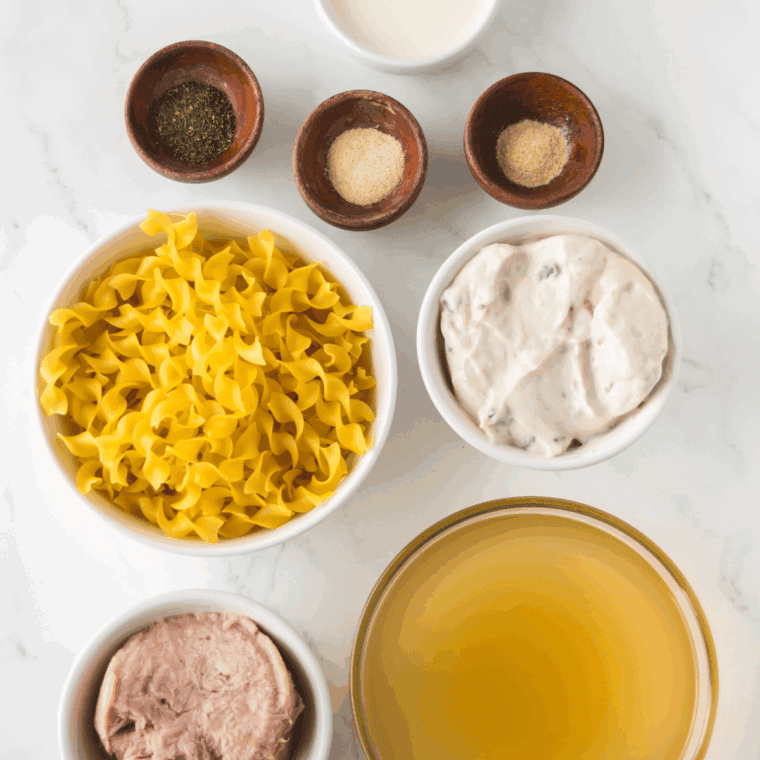 Ingredients needed for Barefoot Contessa's Tuna Casserole on kitchen table.