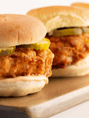 Crispy A&W copycat Chubby Chicken Sandwich on a toasted bun with lettuce and mayo.