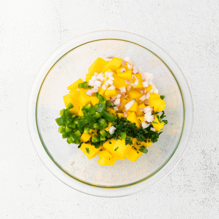 Mixing diced mango, red bell pepper, jalapeño, onion, and cilantro together in a medium bowl.