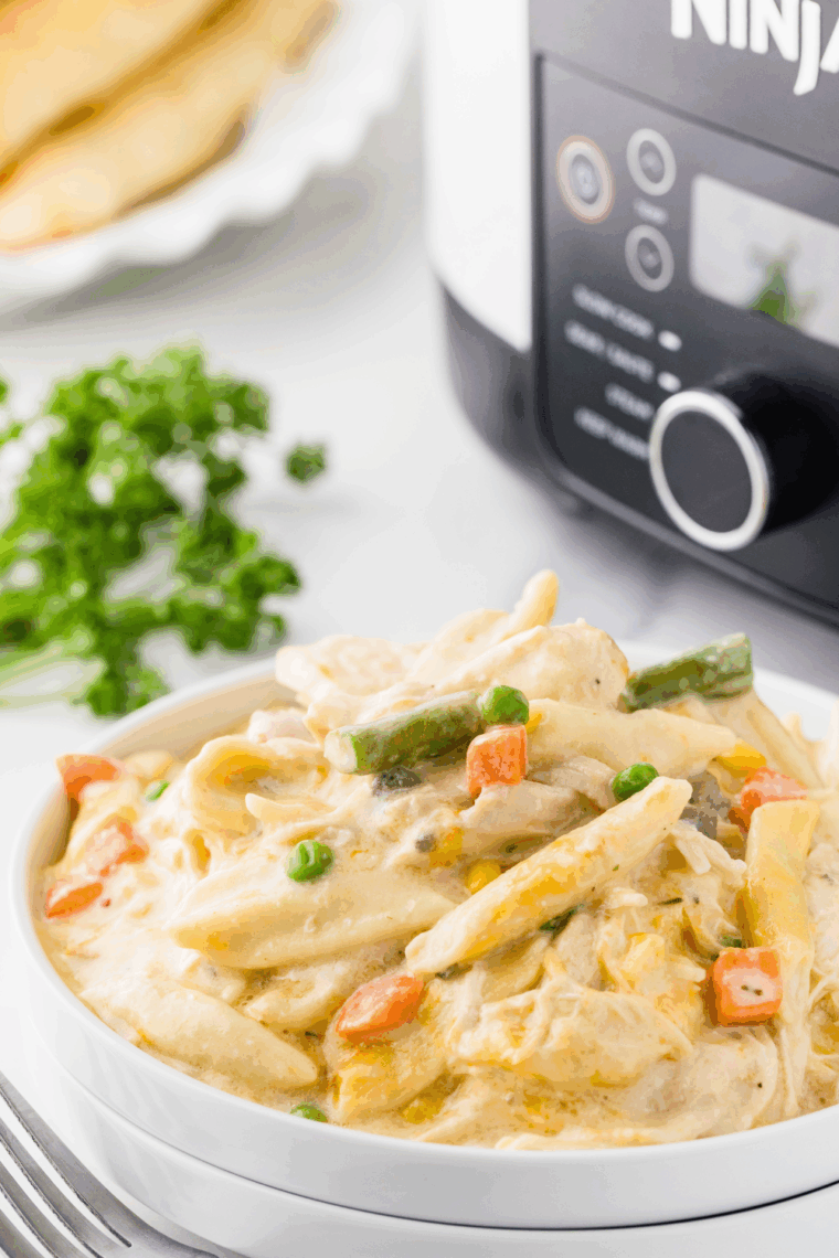 Bowl of creamy Crock Pot Chicken Pot Pie Pasta with chicken, peas, carrots, and noodles.