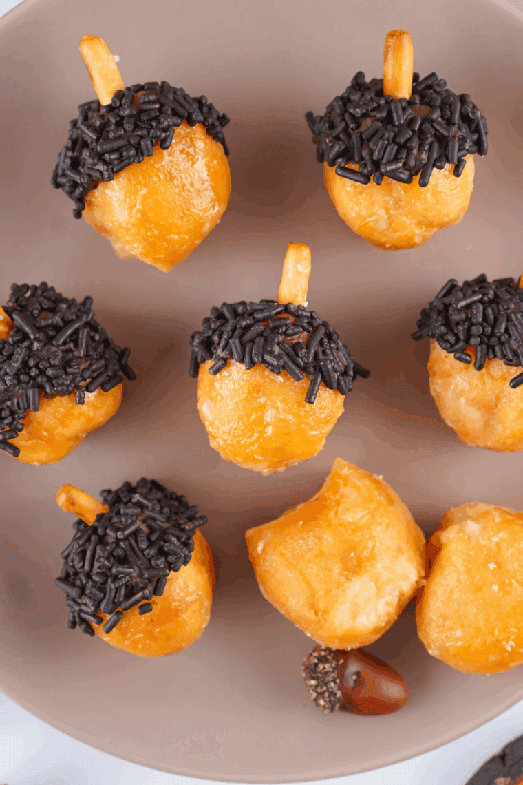 Finished acorn donut holes ready to chill or serve immediately.