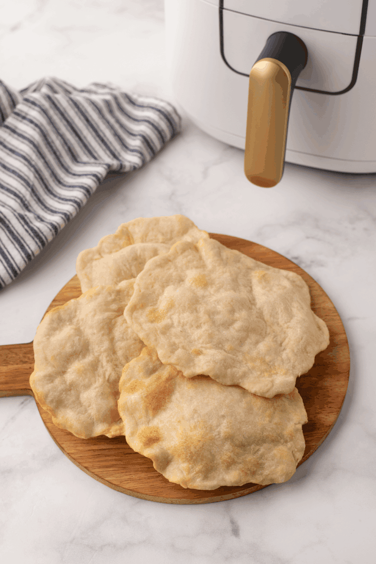 Golden, freshly cooked air fryer homemade flour tortillas piled on a plate