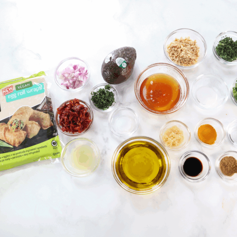 The ingredients for Easy BJ's Avocado Egg Rolls recipe are on your kitchen table.