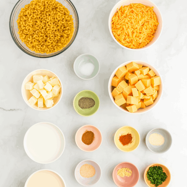 Ingredients needed for Easy Copycat Bob Evans Mac And Cheese Recipe on kitchen table.