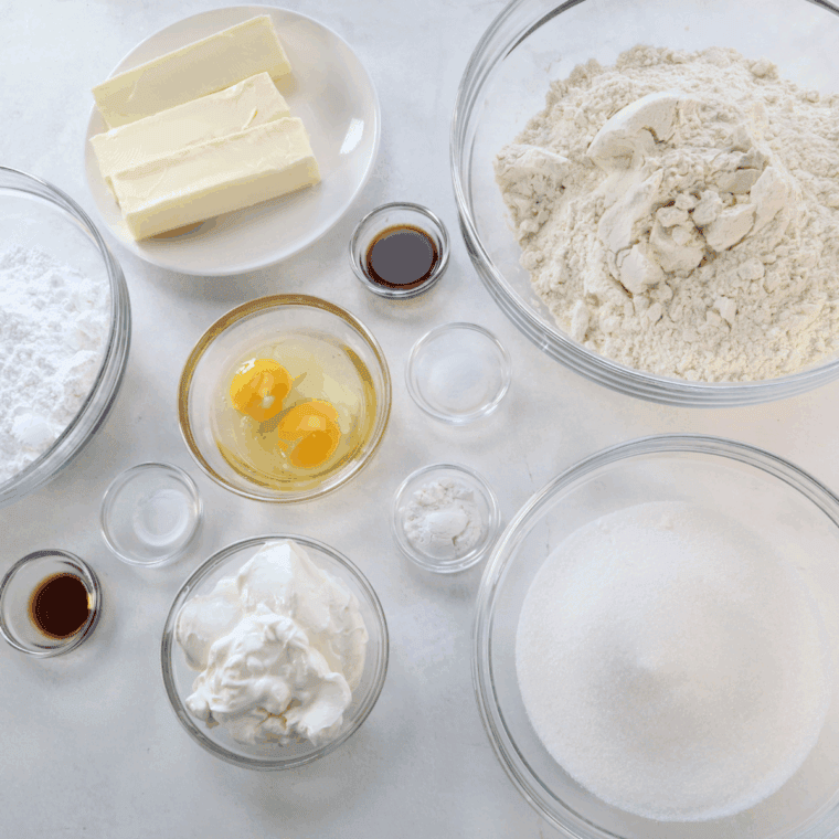 Ingredients needed for Easy Copycat Crumbl Sugar Cookie Recipe on kitchen table.