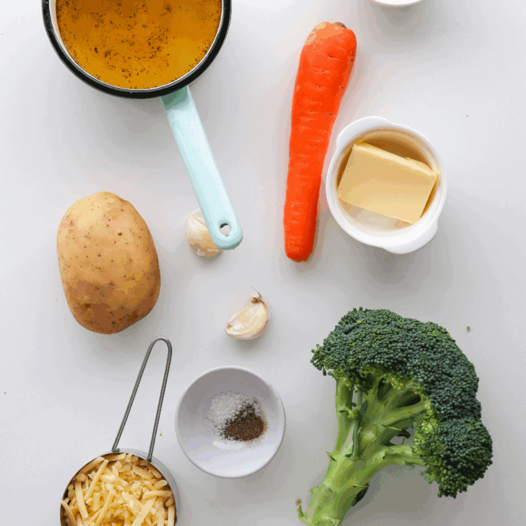 Ingredients needed for Easy Copycat Subway Broccoli and Cheese Soup on kitchen table.