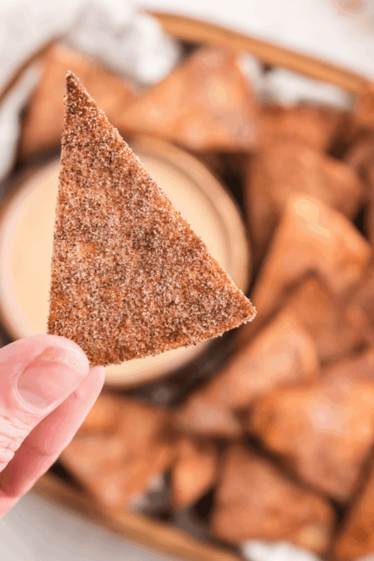 Creamy sweet dip served in a bowl with cinnamon sugar pita chips for dipping.