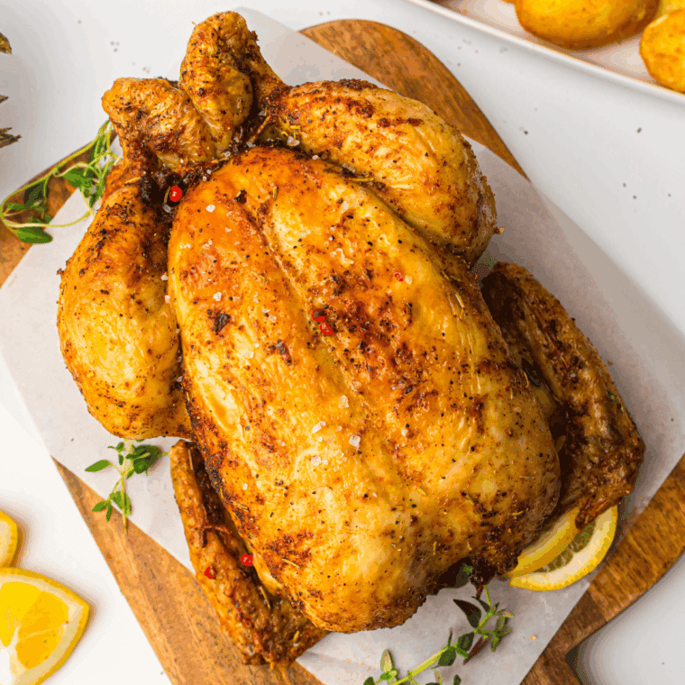 Golden roasted Ina Garten chicken with crispy skin, herbs, and lemon on a serving platter.