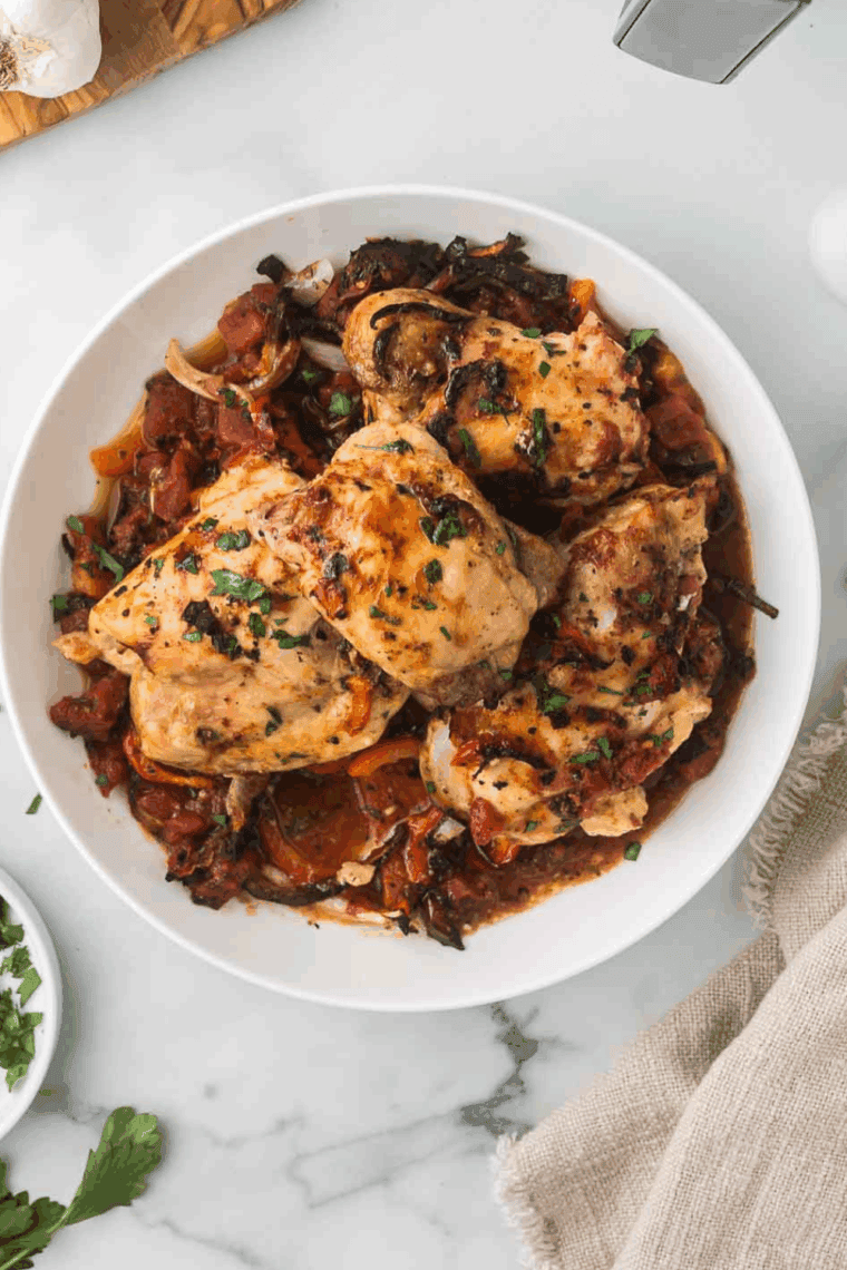 Skillet of Ina Garten’s Chicken Cacciatore with tender chicken thighs simmered in a rich tomato and vegetable sauce, garnished with fresh herbs.