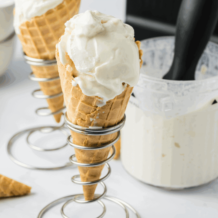 Creamy lemon ice cream made in the Ninja Creami, served in a glass dish with lemon slices.