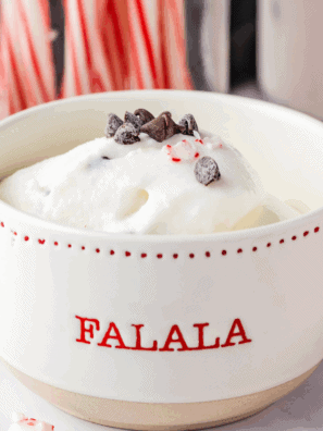 Bowl of creamy peppermint bark ice cream with chocolate chunks and crushed peppermint on top, ready to serve.
