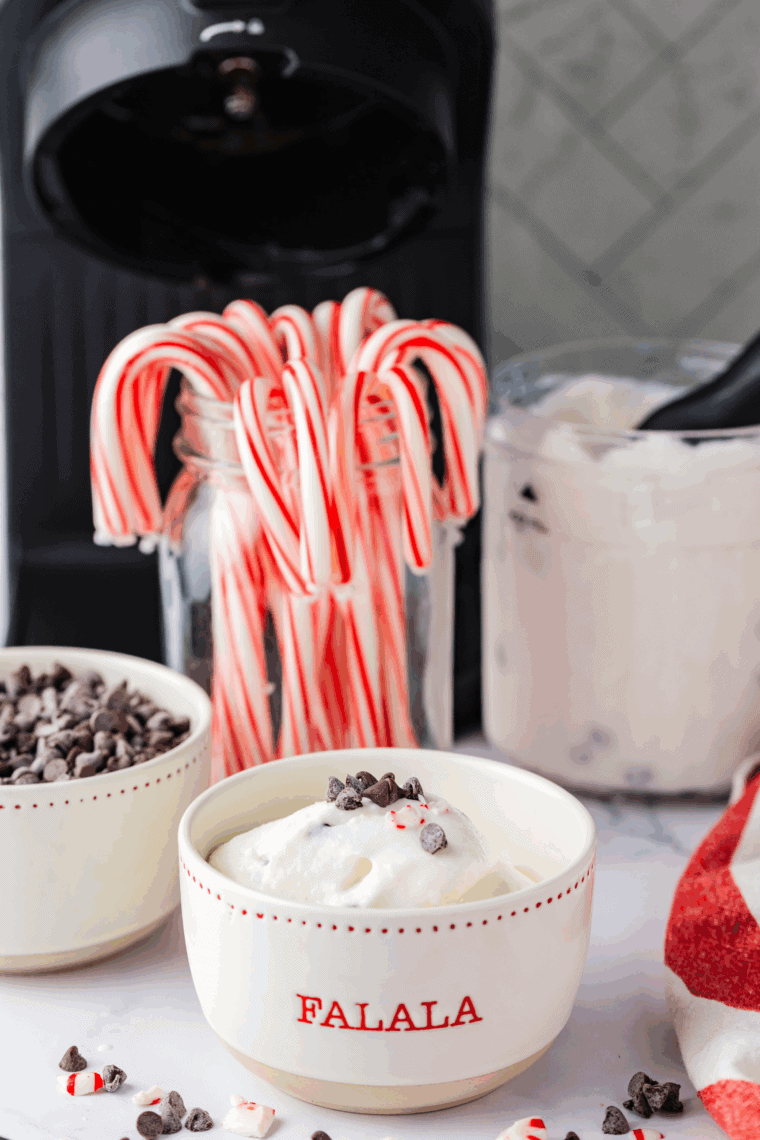 A bowl of peppermint bark ice cream with chocolate chunks and crushed peppermint candy, served in a festive setting.