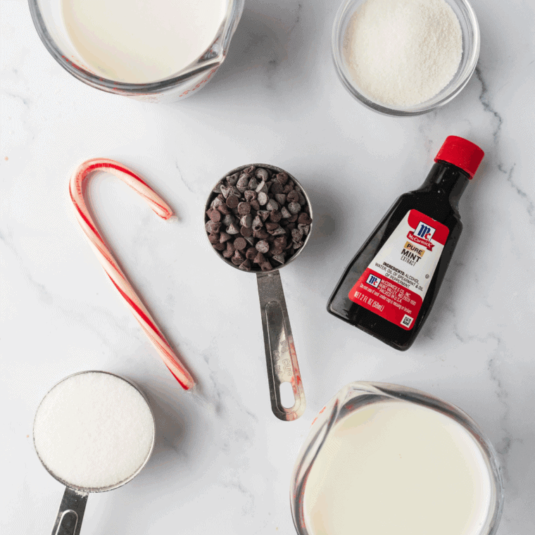 Ingredients needed for Easy Ninja Creami Peppermint Bark Ice Cream on kitchen table.
