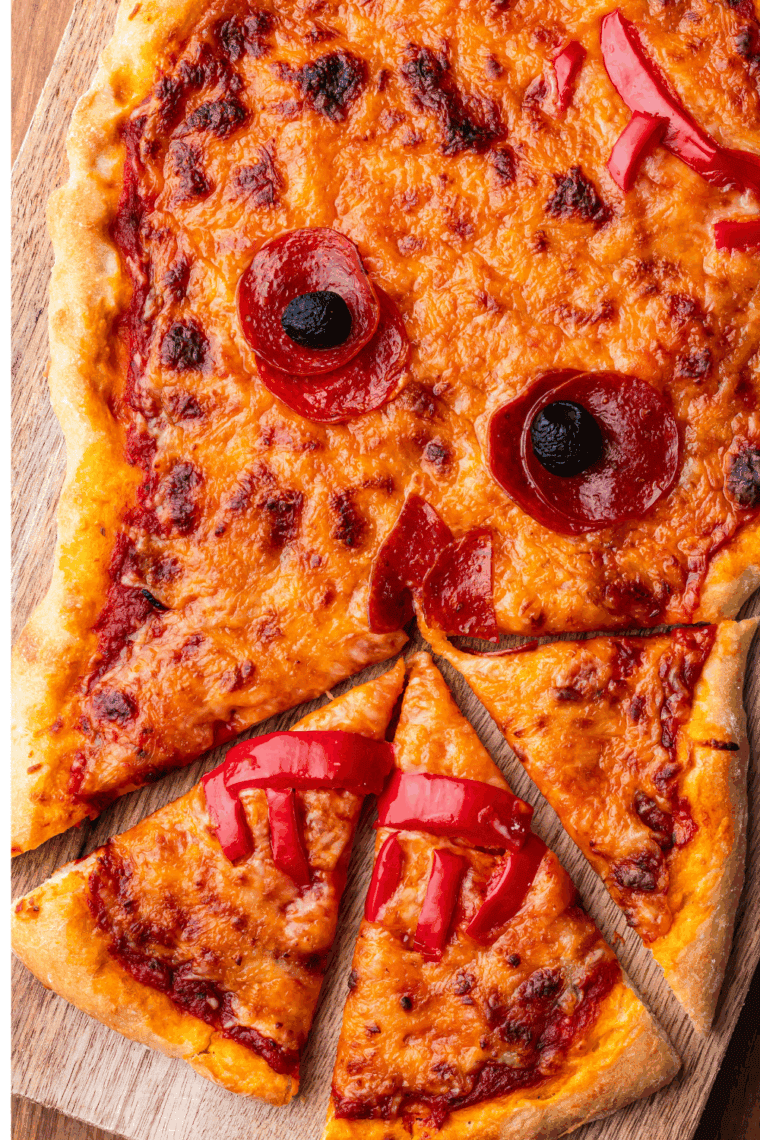 Close up of Easy Peasy Skull Halloween Pizza.