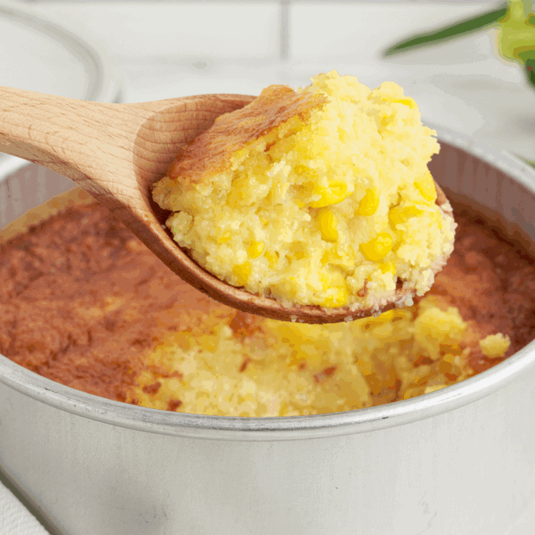 Golden, creamy Pioneer Woman corn casserole baked to perfection in a casserole dish.