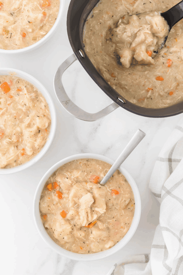 Bowl of slow cooker chicken and dumplings with tender chicken, fluffy dumplings, and savory broth.