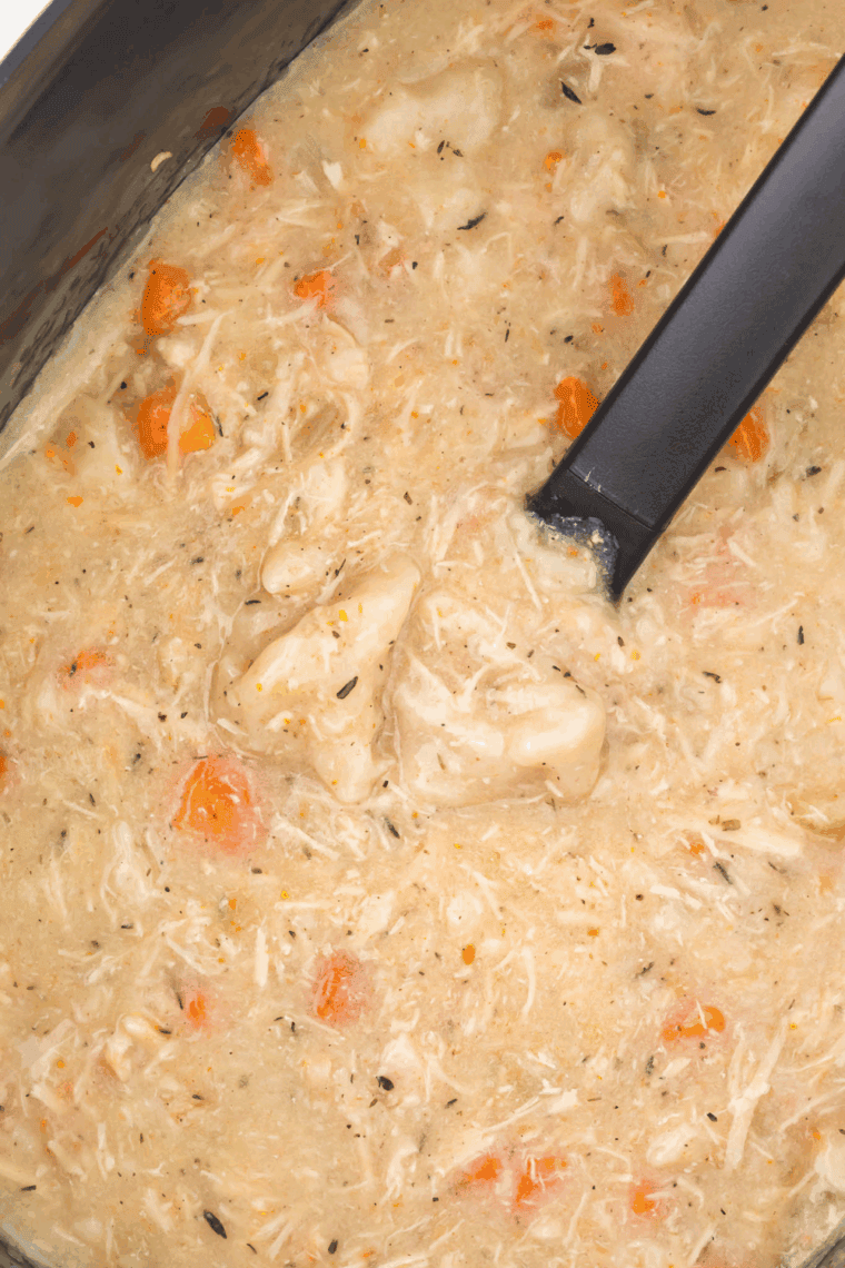 Bowl of slow cooker chicken and dumplings with tender shredded chicken, fluffy dumplings, and savory vegetables.